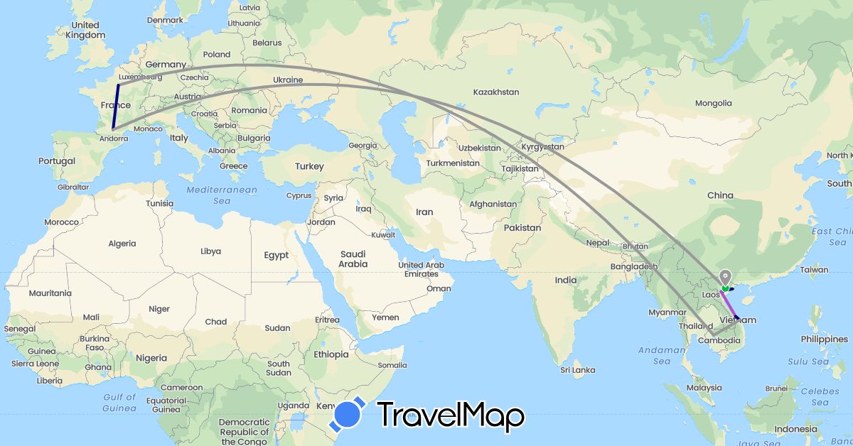 TravelMap itinerary: driving, bus, plane, train in France, Cambodia, Vietnam (Asia, Europe)